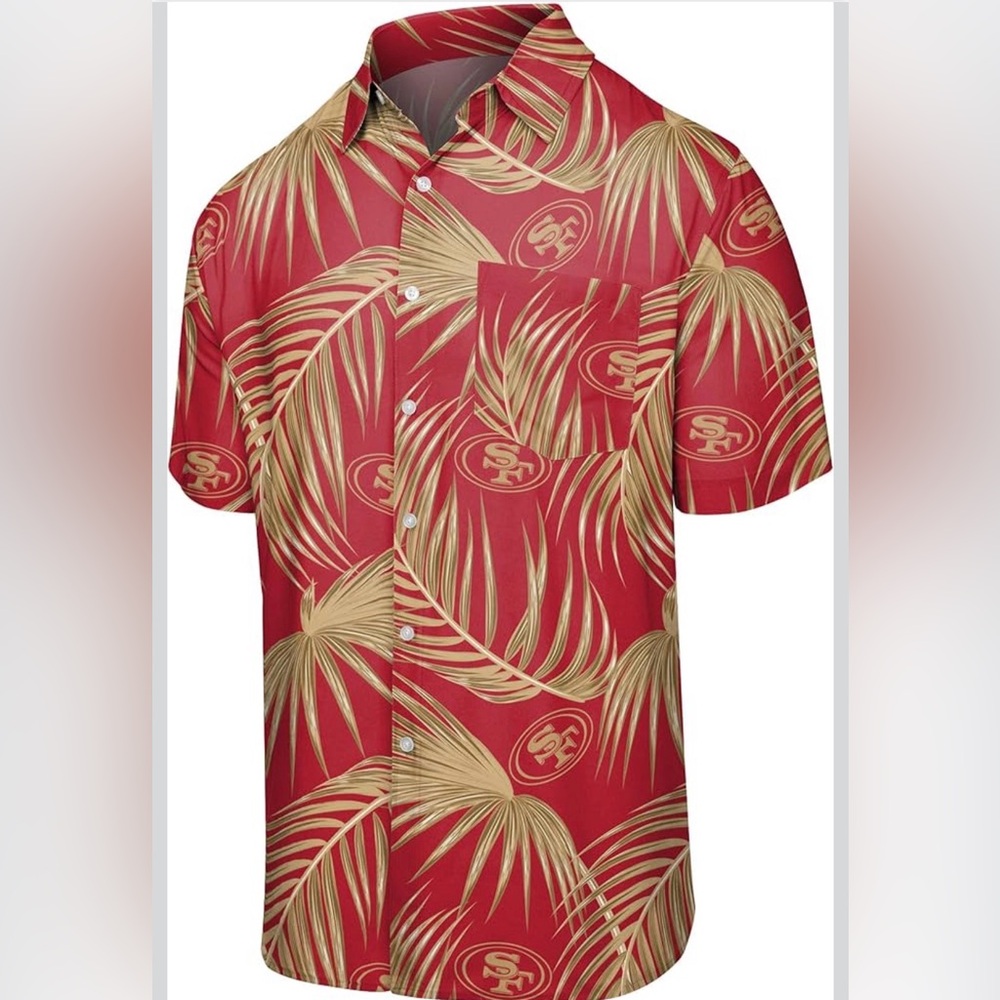 San Francisco 49ers FOCO Hawaiian Shirt Mens Large Red Gold Palm NFL New
